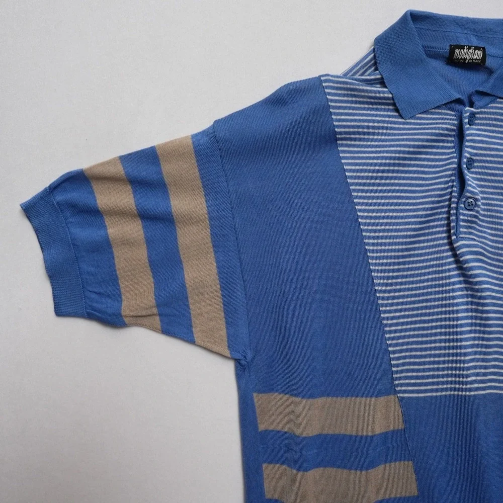 Vintage Modigliani Knit Polo Shirt Mens 48 Blue Striped Made in Italy 90s Retro - Picture 3 of 16